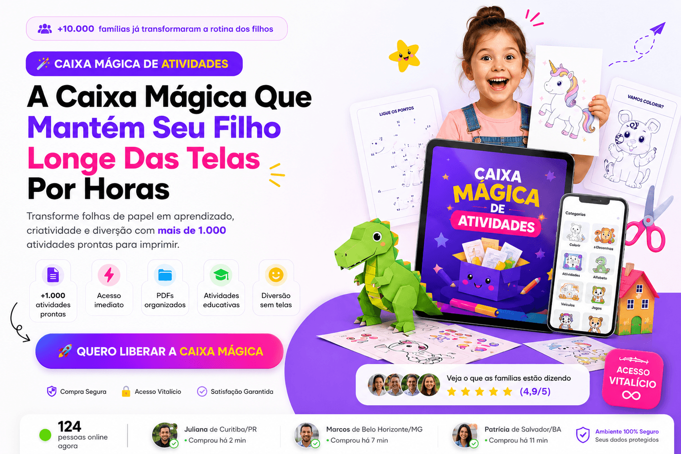 Caixa Mágica de Atividades — mockup com PDFs, atividades, paper crafts e desenhos